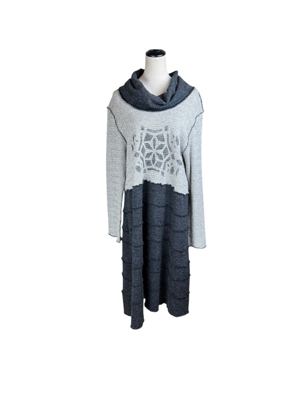 Bodil Boucle Knit Fair Isle Long Sleeve Cowl Neck Midi Tiered Sweater Dress